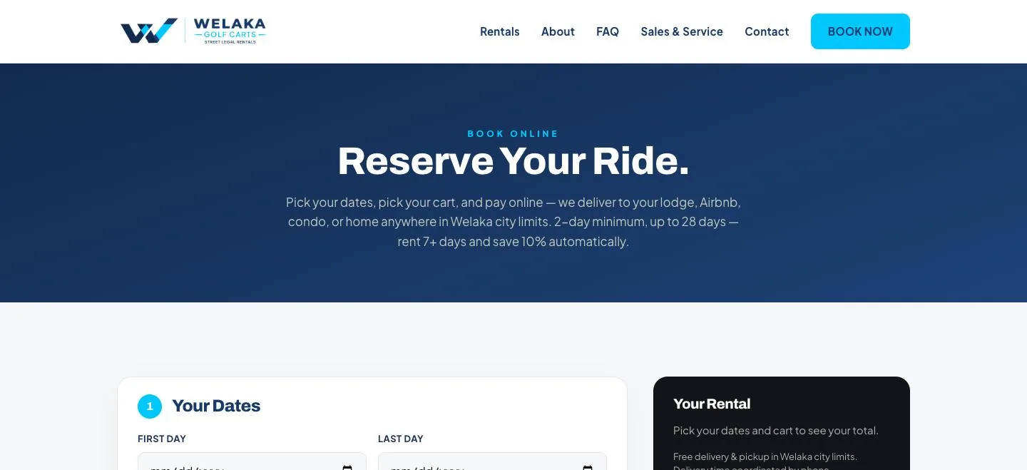 The booking page on welakagolfcarts.com. A renter picks dates, picks a cart, and pays online, all on the company's own web address.